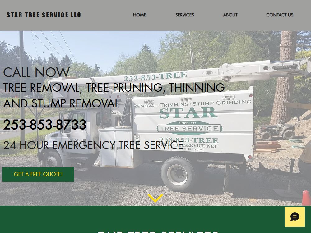 Live homepage of startreeservice.net — CALL NOW banner, no gallery or pricing in the menu