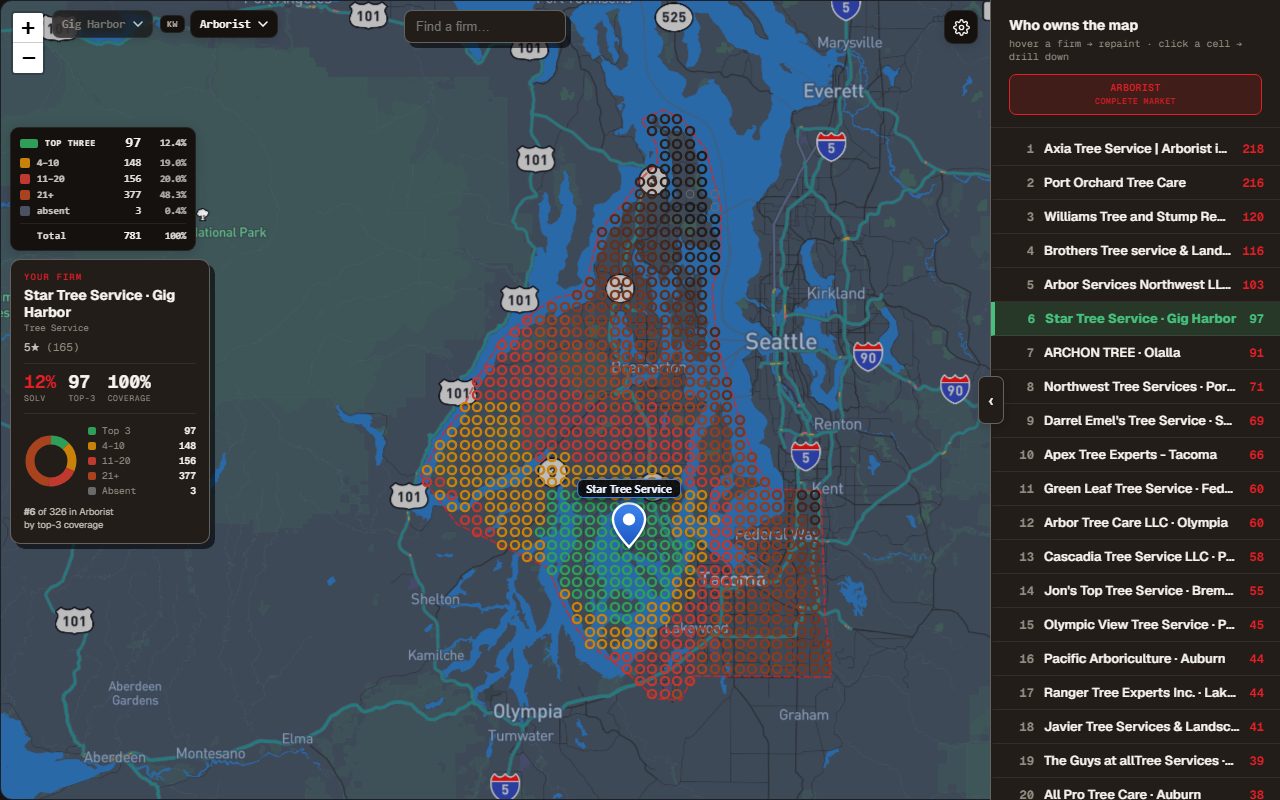 Ranking grid map for the search 'arborist' — Star Tree Service ranks number 6 of 326 businesses