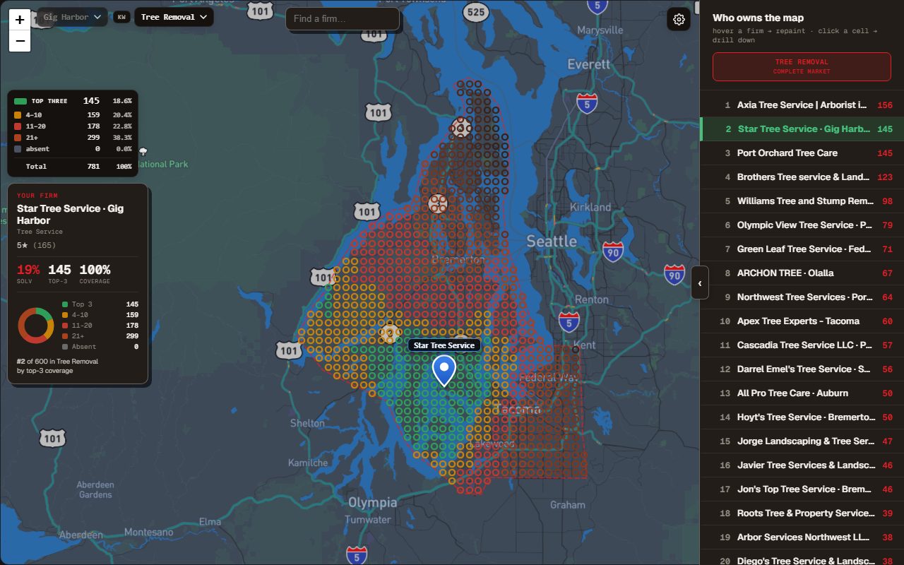 Ranking grid map for the search 'tree removal' — Star Tree Service ranks number 2 of 600 businesses