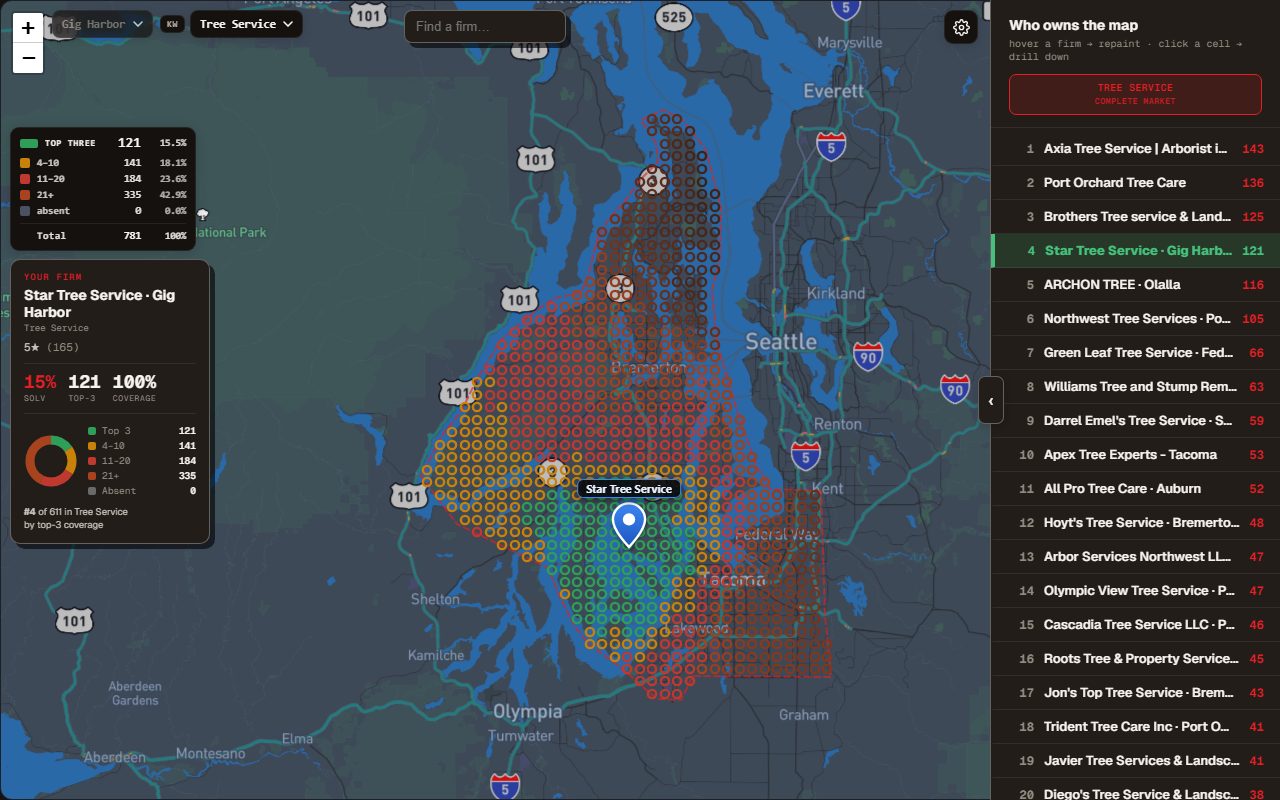 Ranking grid map for the search 'tree service' — Star Tree Service ranks number 4 of 611 businesses