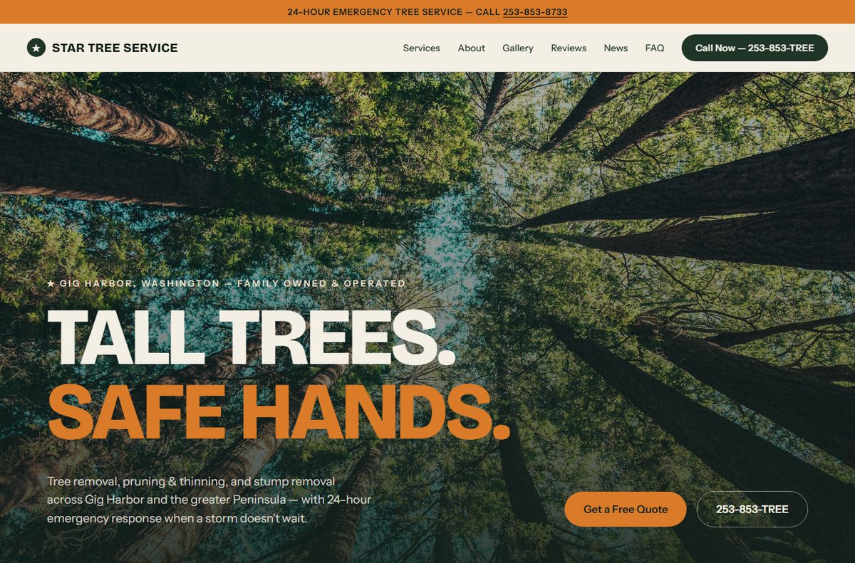 Homepage of the new Star Tree Service website — 'Tall trees. Safe hands.' hero with Gig Harbor branding